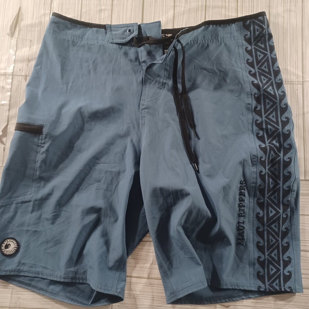 Maui Rippers Mens Board Shorts Blue Geometric Wave Surf Swim Trunks Size 34